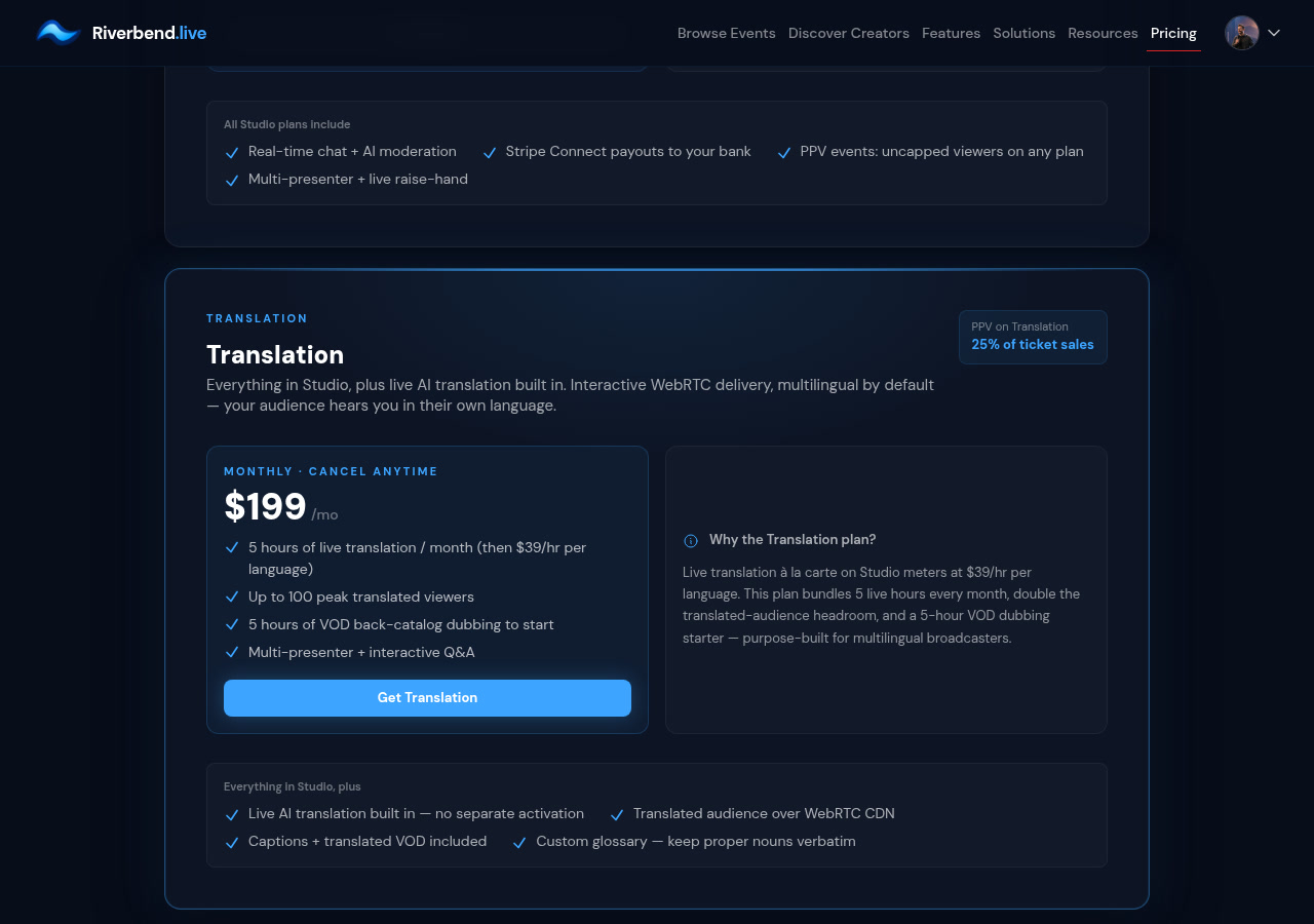 The Translation plan on the pricing page — click 'Get Translation' to begin.