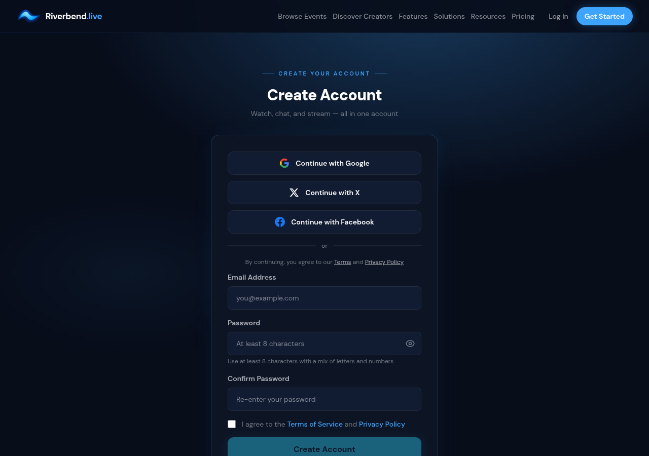 Creating your account is part of the flow — email, or one tap with Google, X, or Facebook.