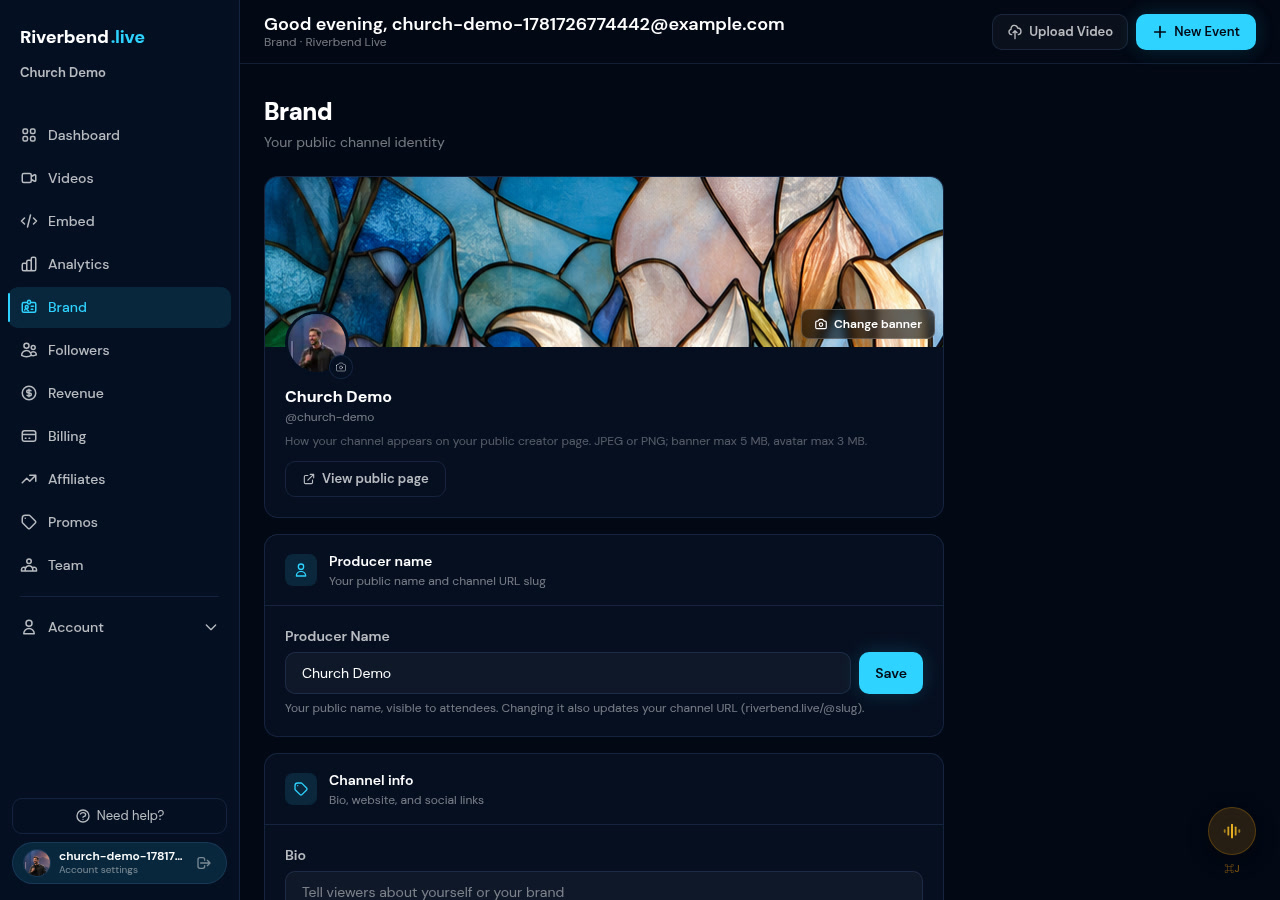 The Brand tab — your public channel identity: name, logo, banner, bio, and links.