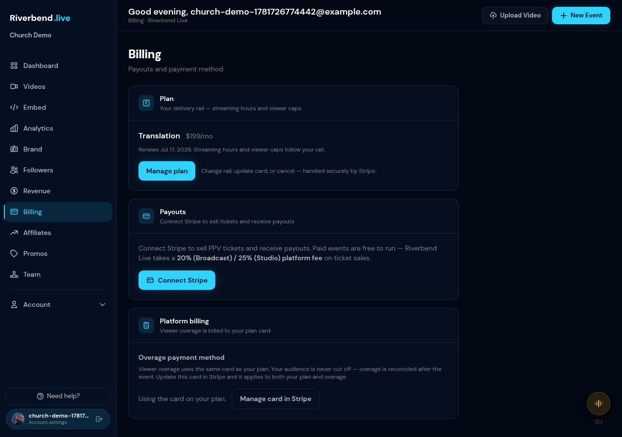 After checkout, your Billing tab shows the Translation plan active — interactive streaming with live AI translation built in.