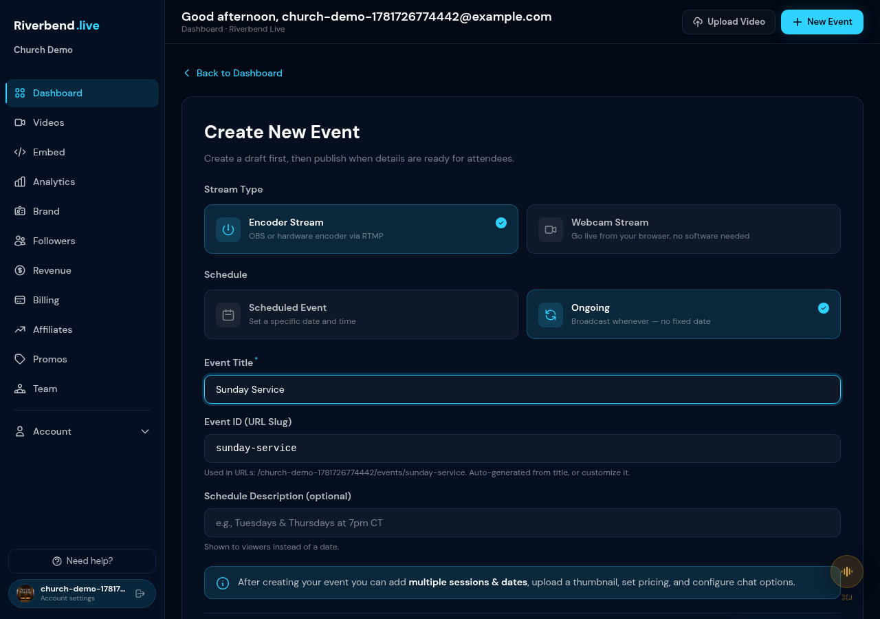 Creating the event — Encoder (OBS) stream type and an Ongoing schedule selected.