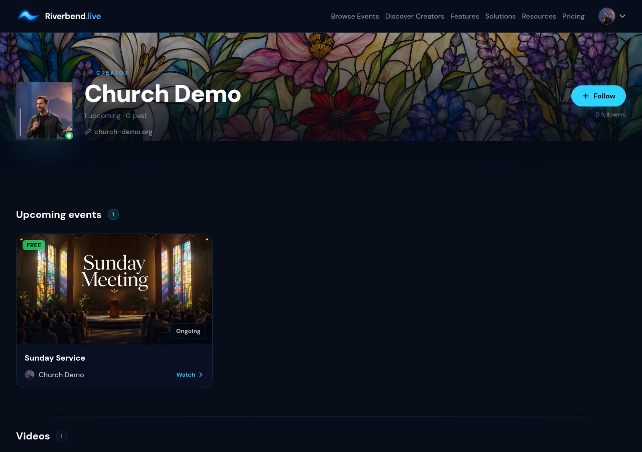 Your public /@yourchurch page — when you're live the service appears up top; your sermon library sits below.