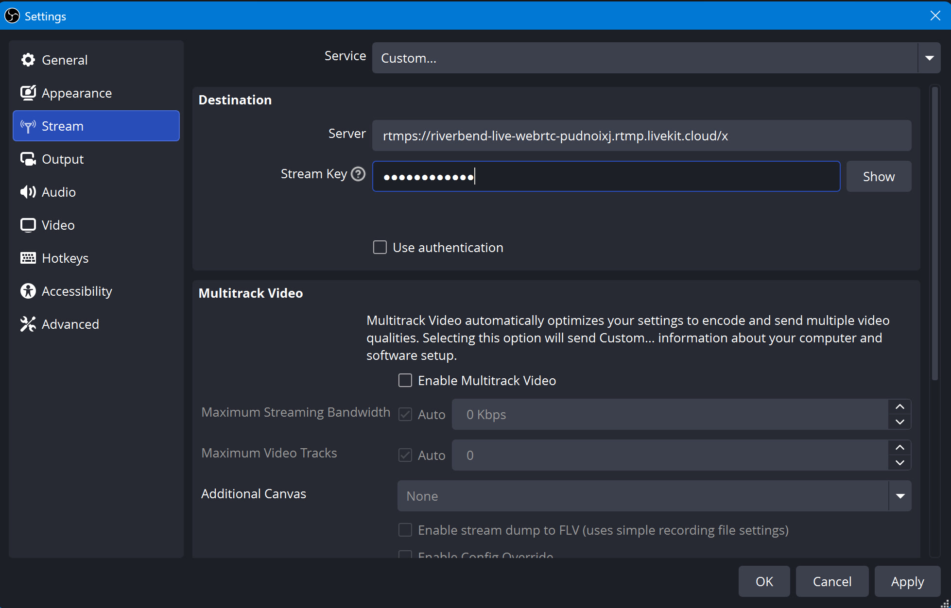 In OBS: Settings → Stream → Service: Custom, then paste the Server URL and Stream Key.