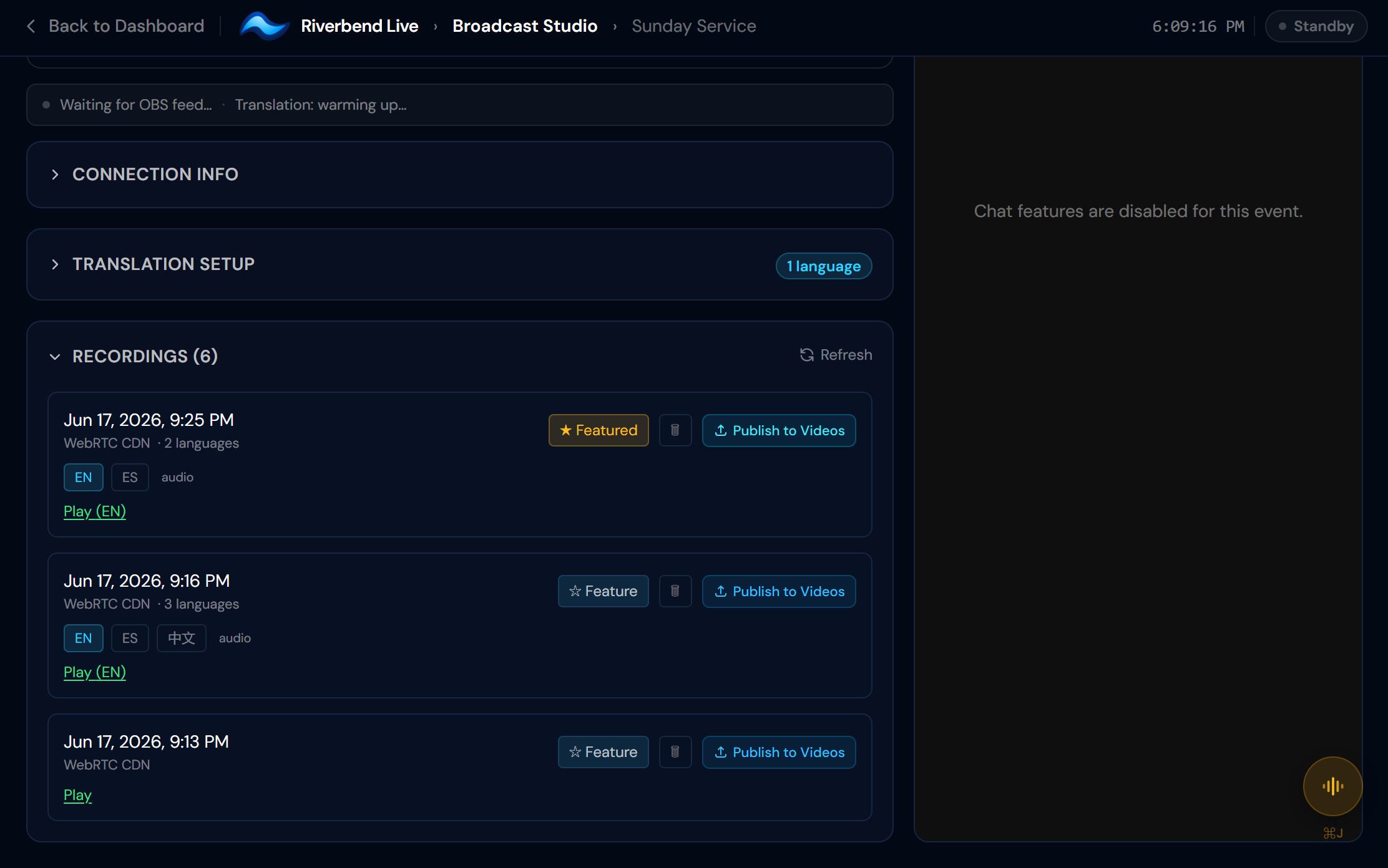 Each recording shows its translation languages — click 'Publish to Videos' to add it to your library.