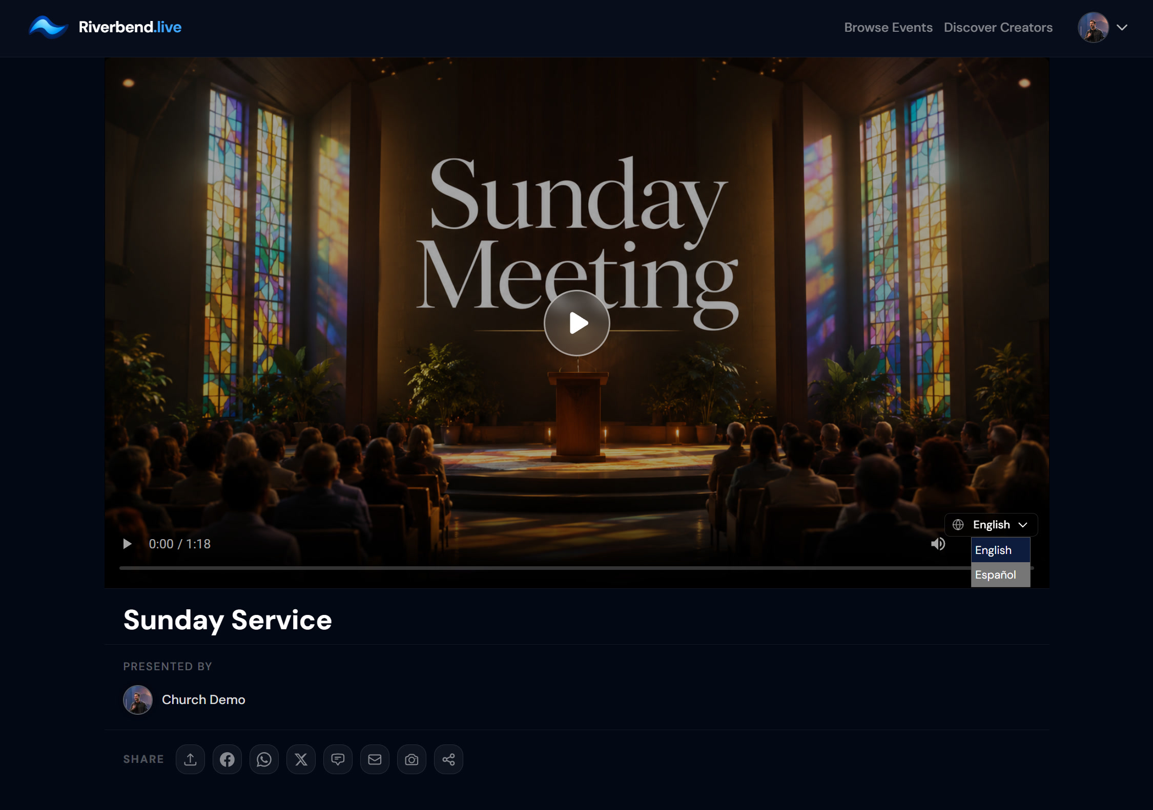 The viewer player — members open the link and pick their language (English / Español); the original audio is always there.
